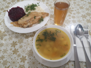 Комплексний обід №3 (суп сезонний, рис, філе хека)