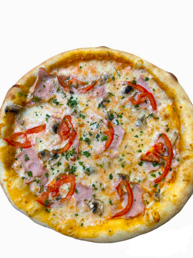 50см Піца "Мисливська" (соус томатний, мисл.ковб., салямі, сир, огірок маринований, цибуля, картопля,соус барбекю)