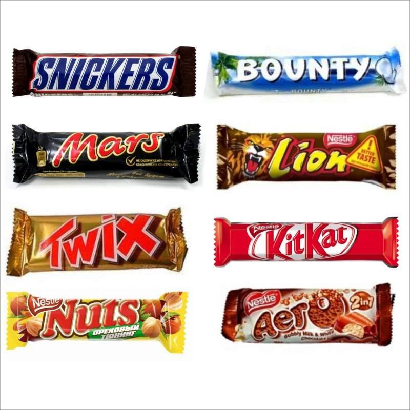 Батончики SNICKERS, BAUNTI, NUTS