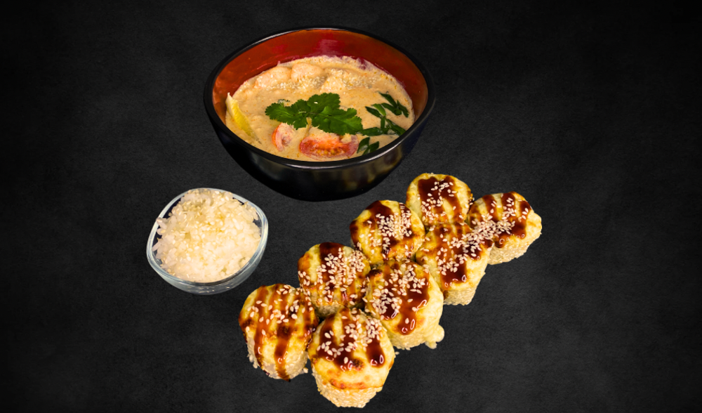Lunch with Tom Yum and Baked roll with cheese
