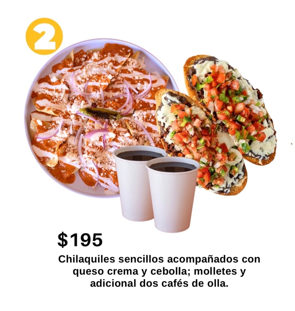 Combo 2  Chilaquiles sencillos + Molletes Chilaqueros + 2 cafés 