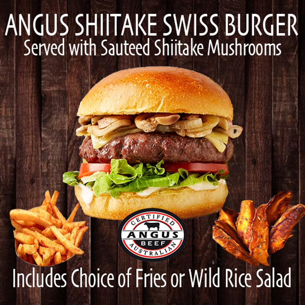 Angus Shiitake Swiss Burger (Sauteed Shiitake Mushrooms & Swiss Cheese)