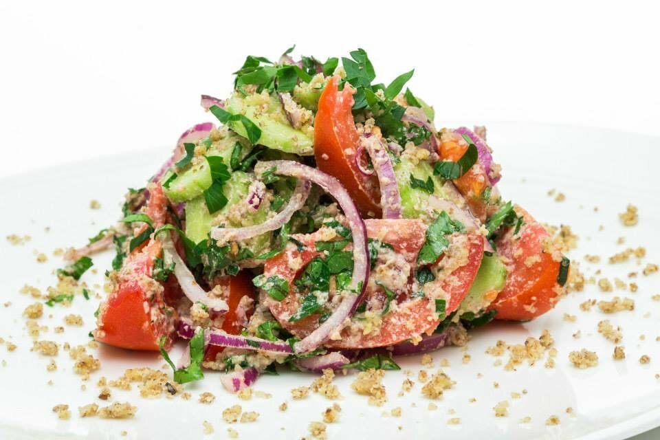 Cucumber and tomato salad with nuts