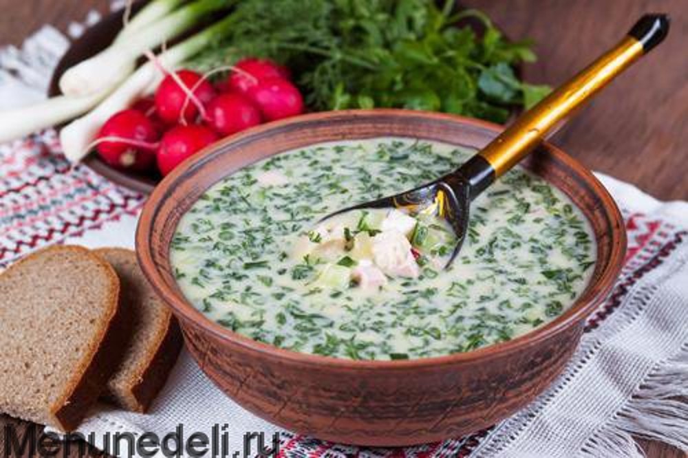 Окрошка(айран+тан,м'ясо телятини,огірок св.,яйце,картопля.гірчиця,лимон,кріп)