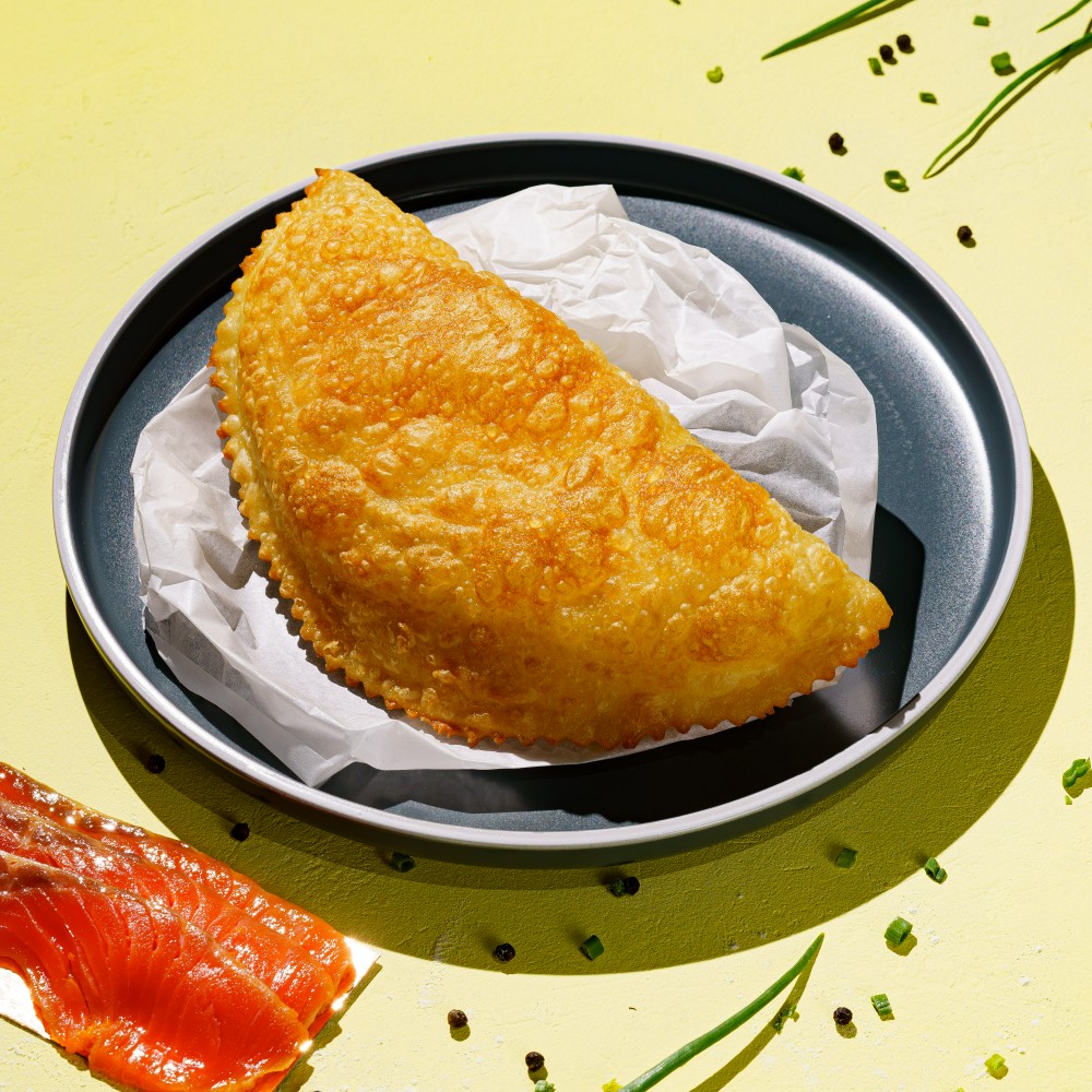 Cheburek with creamy salmon