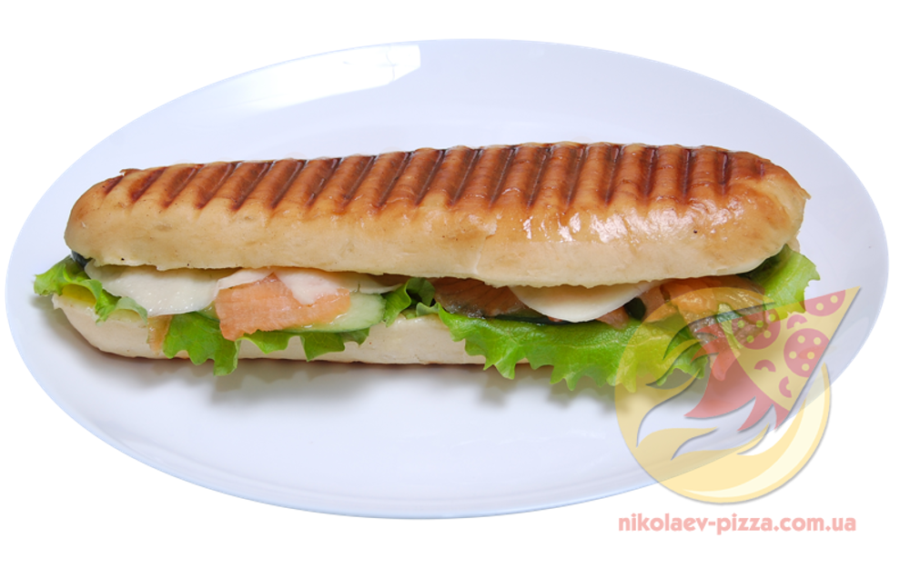 Паніні з Лососем/Сьомгою (лосось свіжий, огірок свіжий, сир, салат, соус)