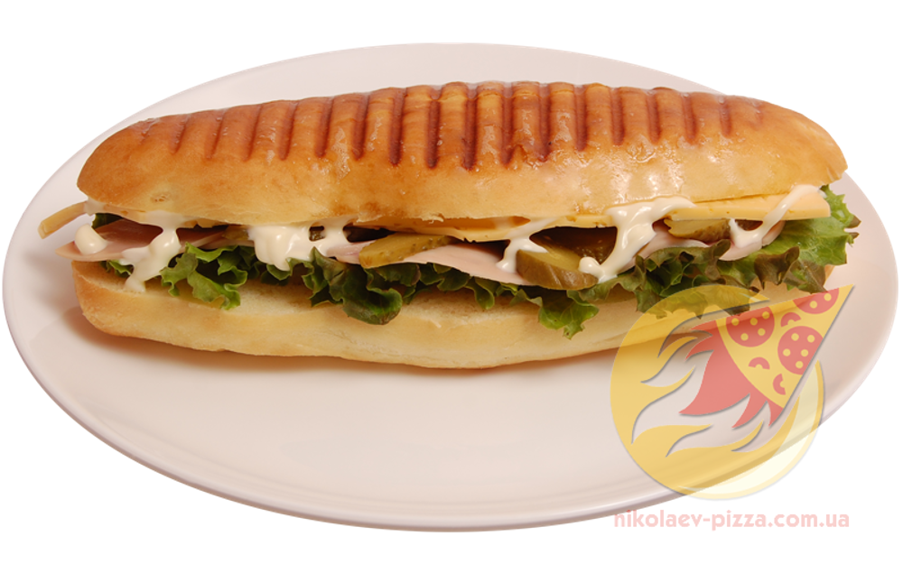 Паніні з Шинкою (шинка, сир, огірок маринований, салат, майонез)