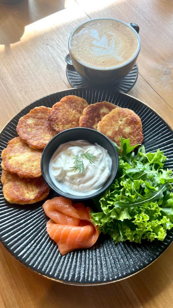 Draniki (potato pancakes) with salmon