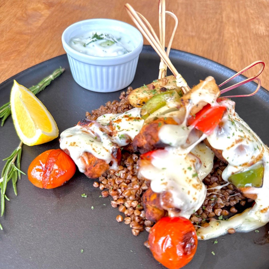 Cheesy Buckwheat & Chicken Skewers