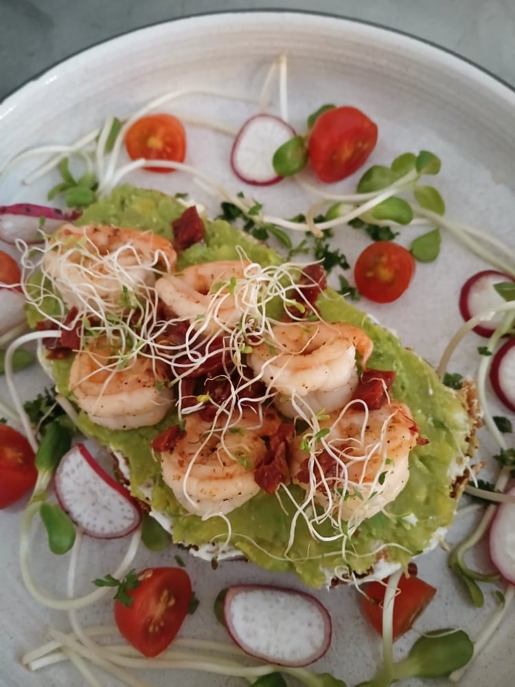 Bruschetta with Shrimp and Smashed Avocado