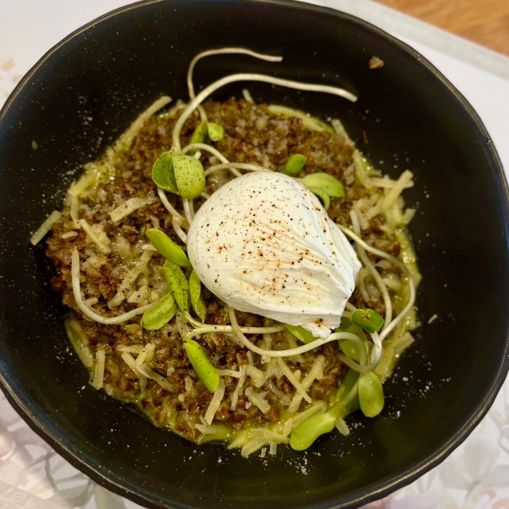 Buckwheat with Pesto, Poached Egg & Parmesan