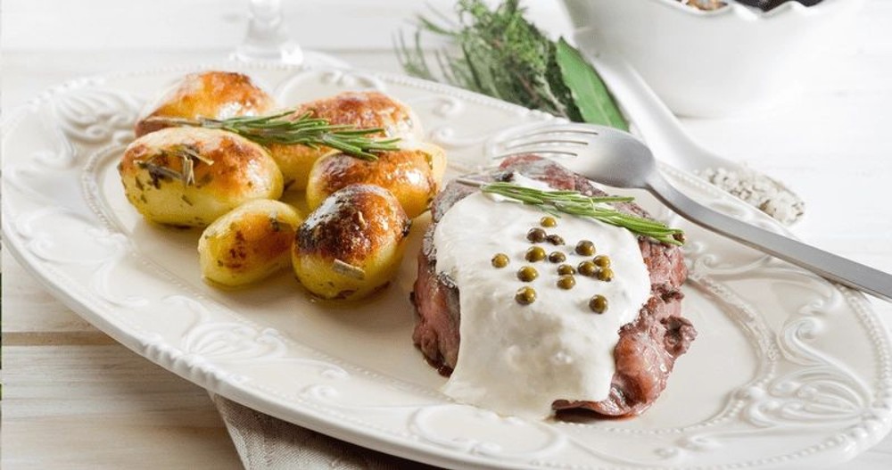 Filet Mignon with Sauce al Pepe Verde and Baked Potato