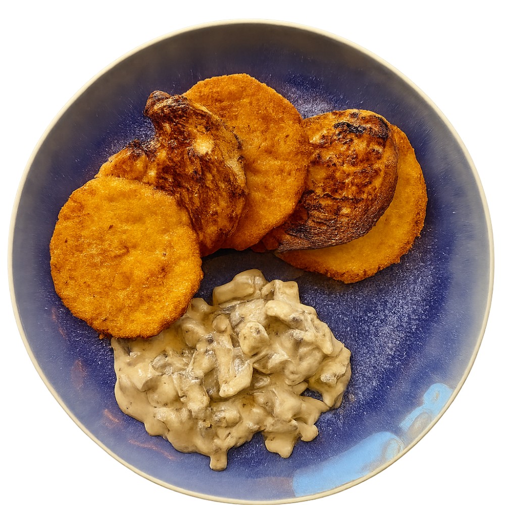 Деруни з грибами та куркою гриль / Potato pancakes with mushrooms and grilled chicken