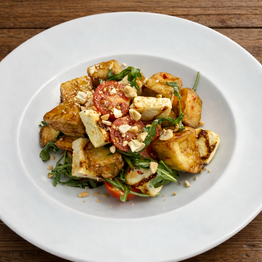 Теплий салат з тофу та вешенками