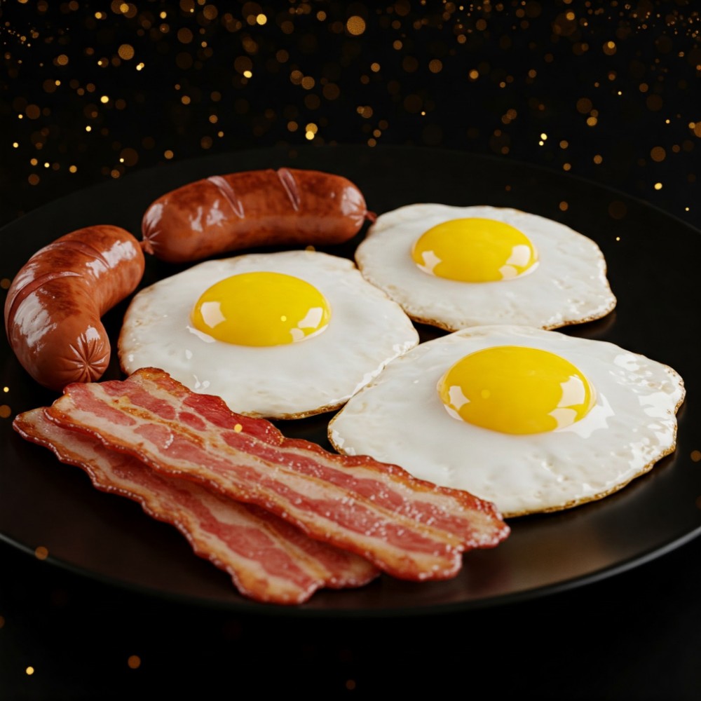 Яєчня з сосисками та беконом