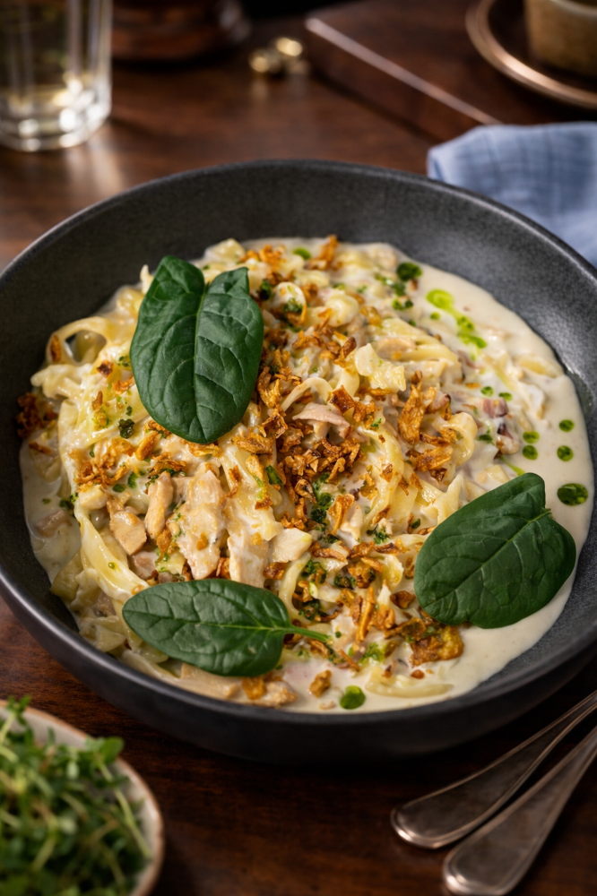 Паста з куркою, беконом та гливами