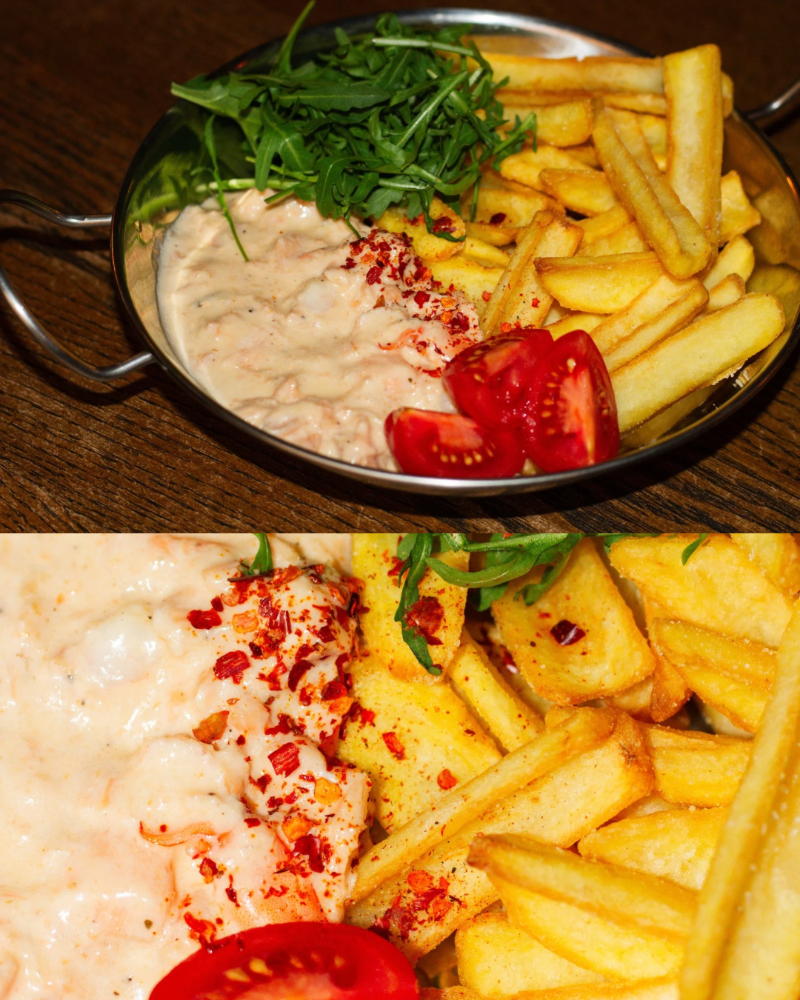 Лосось з креветками у вершковому соусі з картопляними діпами