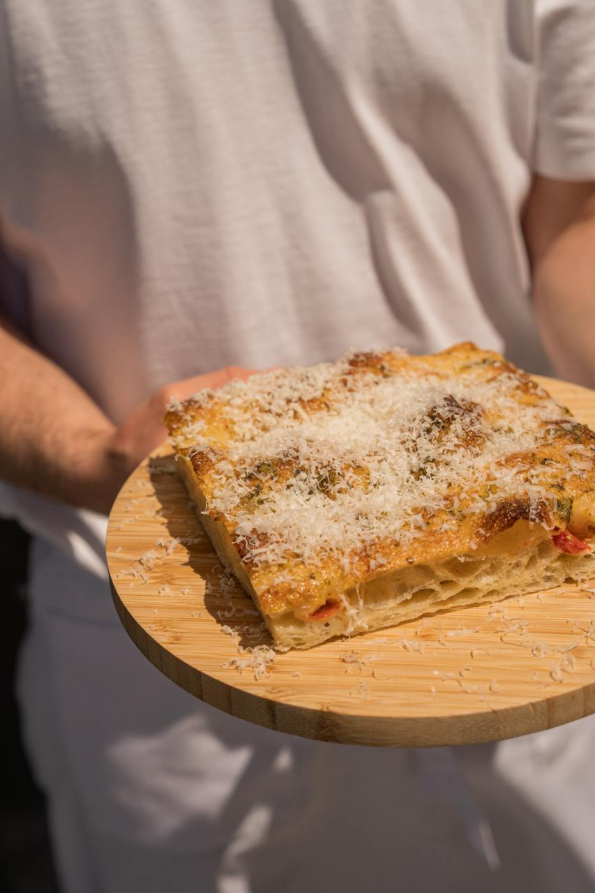 Focaccia w/ pesto, tomatoes, parmesan