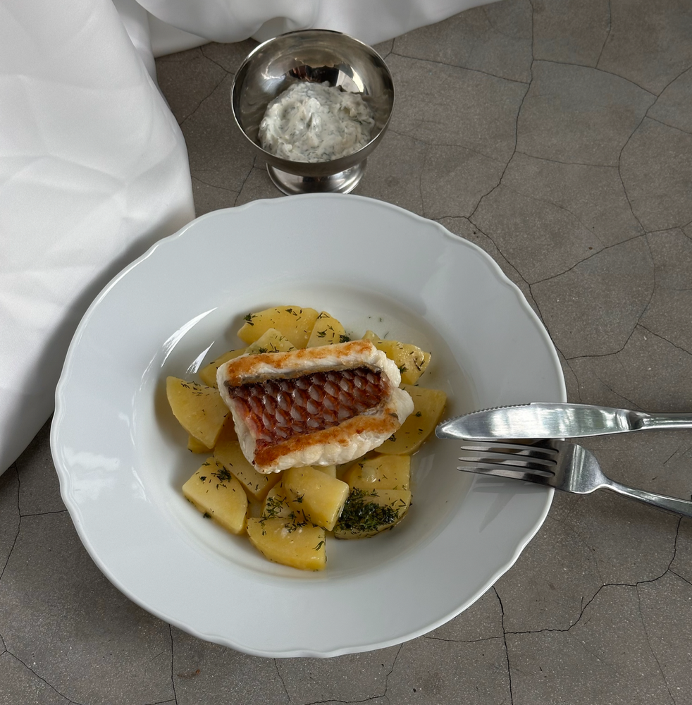 Napoleon fish with yoghurt sauce and potato d
