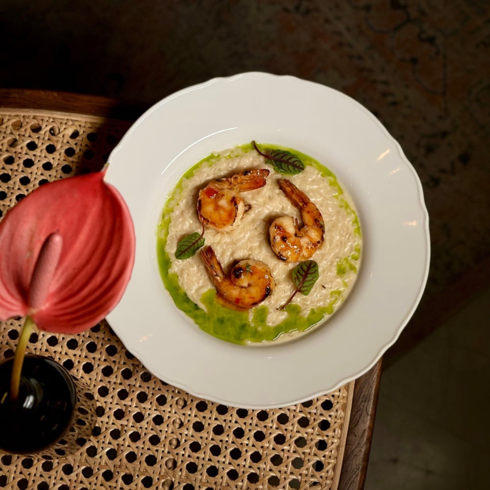 Lemongrass risotto with sweet chili glazed prawns d