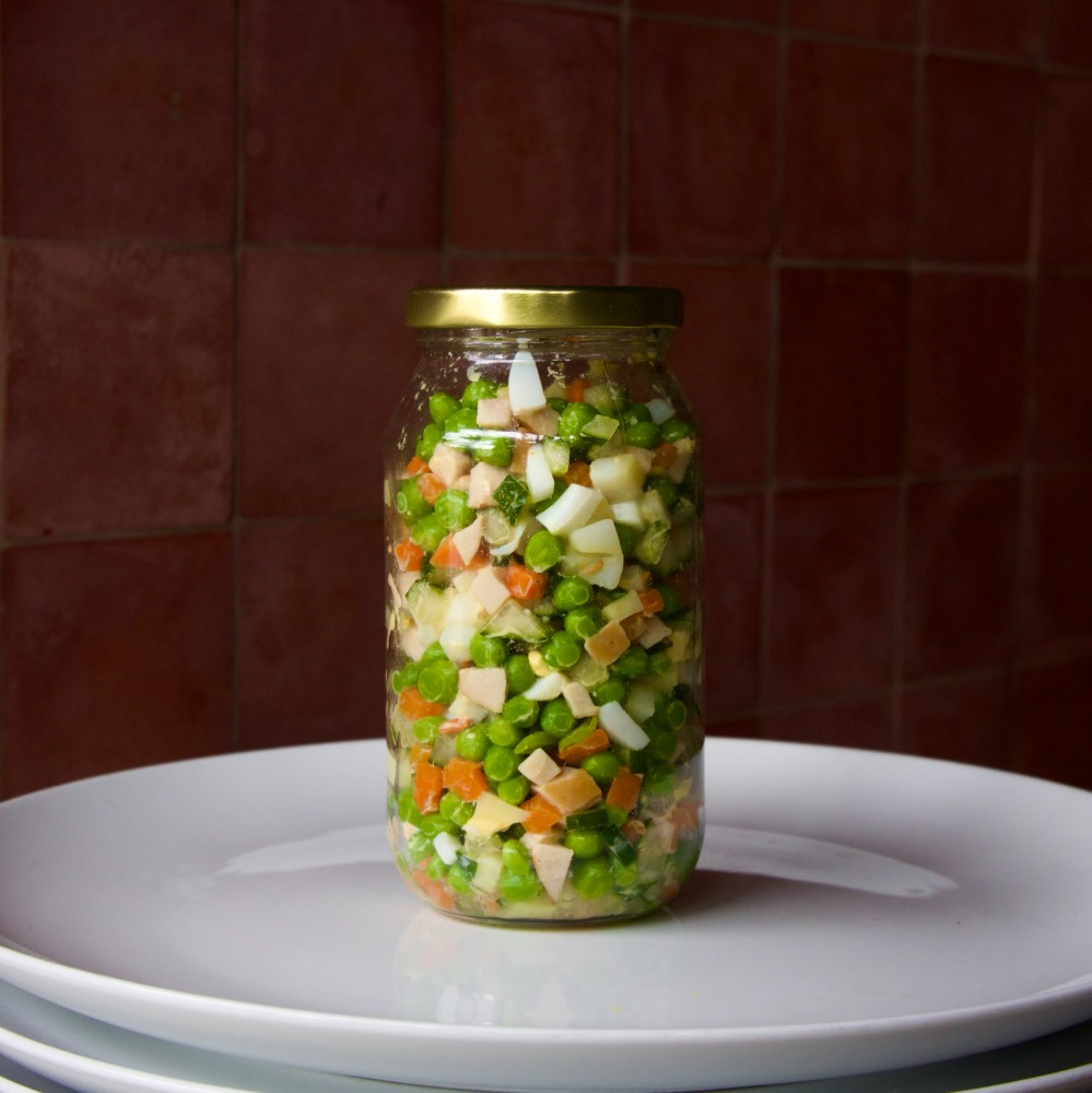 Olivier salad with chicken breast sous-vide 400g. by jar