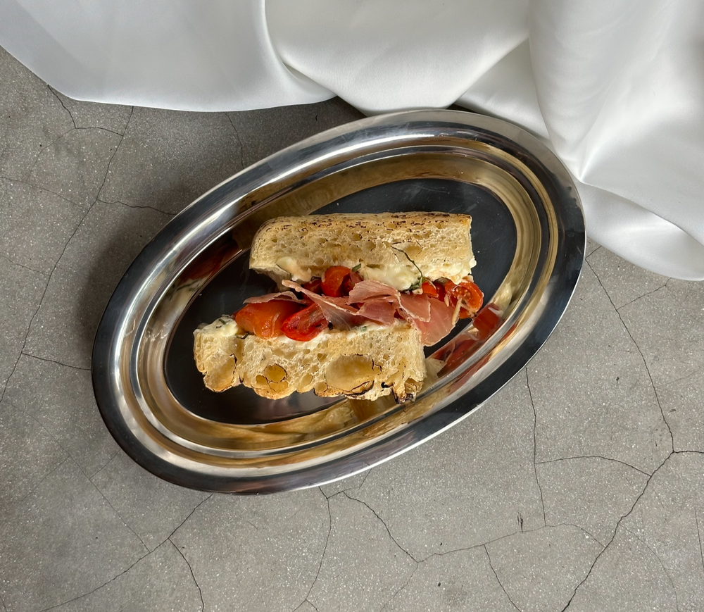 Focaccia with Italian ham and Stracciatella d