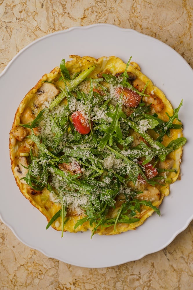 Shrimps omelette with mushrooms