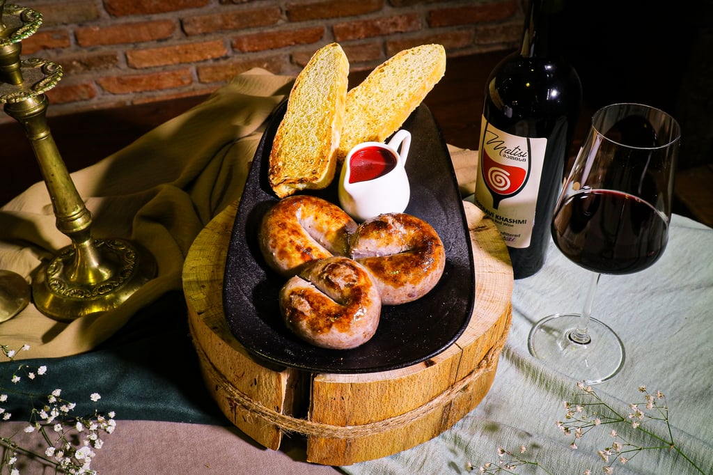 კუპატი ჭრიანტელის სოუსით/ Georgian Pork Sausage with Chrianteli 