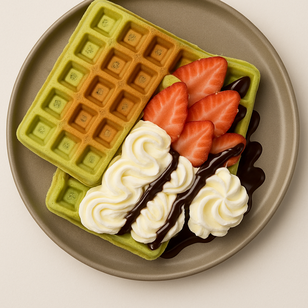 Spinach waffles with: cream cheese strawberries whipped cream chocolate sauce
