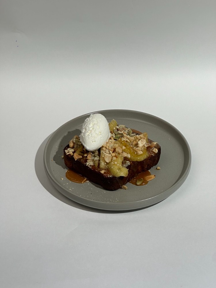 French toast with caramel banana and ice cream