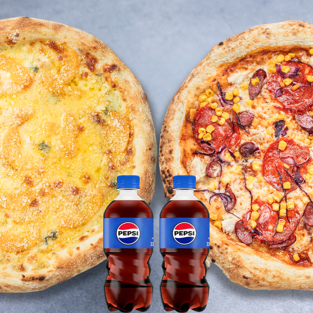 Комбо-піц: Кватро Формаджі з персиком і Піца Барбекю + 2 шт. PEPSI 0,33