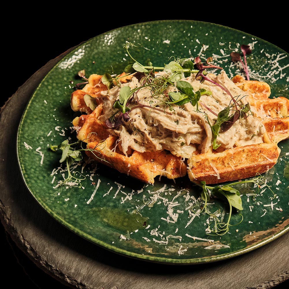 Potato waffle with mushrooms