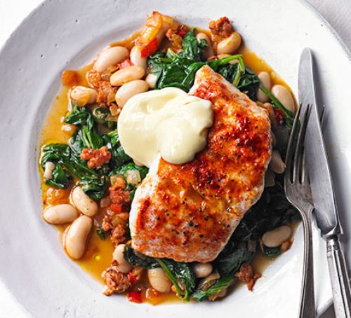 Smoky hake, beans & greens