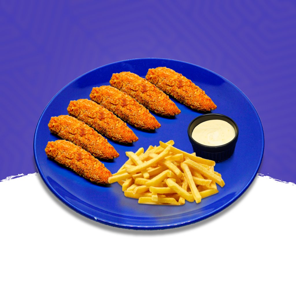 PECHUGUITAS DE POLLO CON PAPAS FRITAS Y SALSA MAYOCHEDDAR