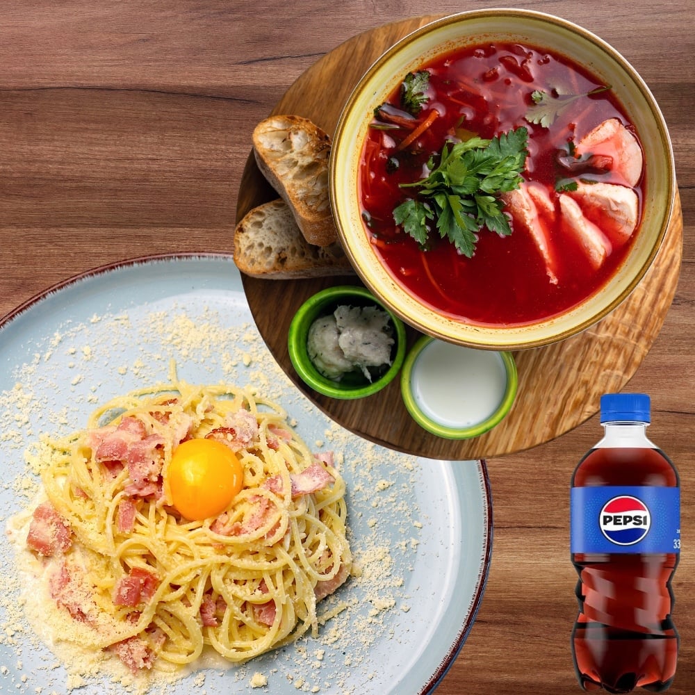 Комбо Pasta: Борщ з куркою, Паста Карбонара + PEPSI 0,33 