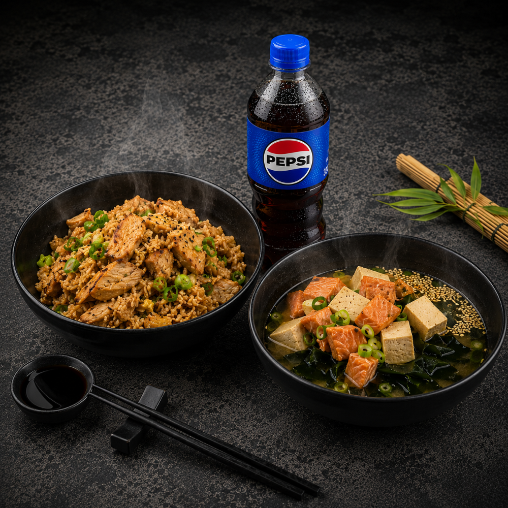 Комбо Місо суп з лососем РП + смажений рис з куркою і яйцем + Pepsi 0,33