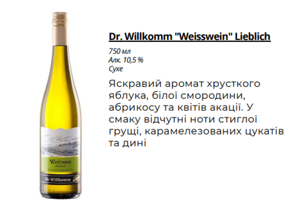 Столове Вино Dr.Willkomm "Weisswein" Lieblich (н/сол.,біле.,Німеччина) 0,75л