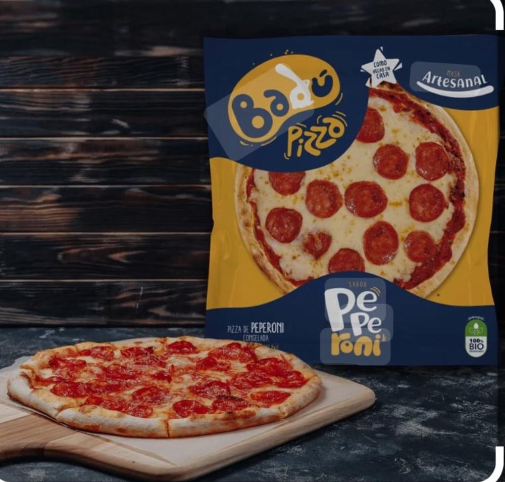 Pizza. (Spread oil on a round baking tray. Preheat to 400°F for 10 min. Bake for 20 min).
