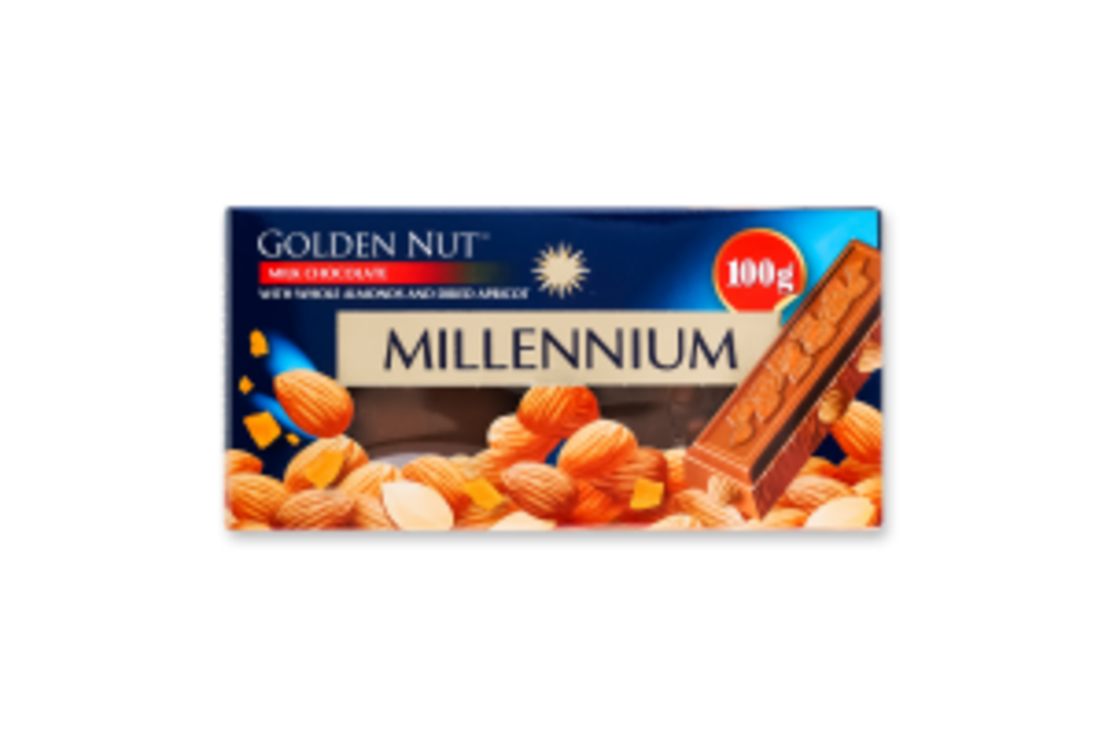 ШОКОЛАД МОЛОЧНИЙ З ЦІЛИМ МИГДАЛЕМ І КУРАГОЮ GOLDEN NUT MILLENNIUM К/К/У 100Г