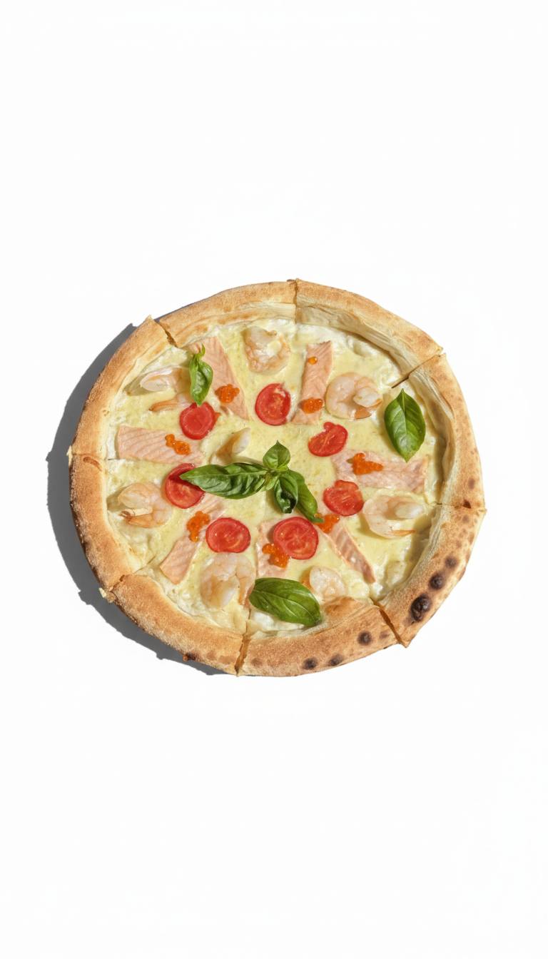Pizza with salmon, shrimp and red caviar 🐠🦐🍅🍋 (D32)