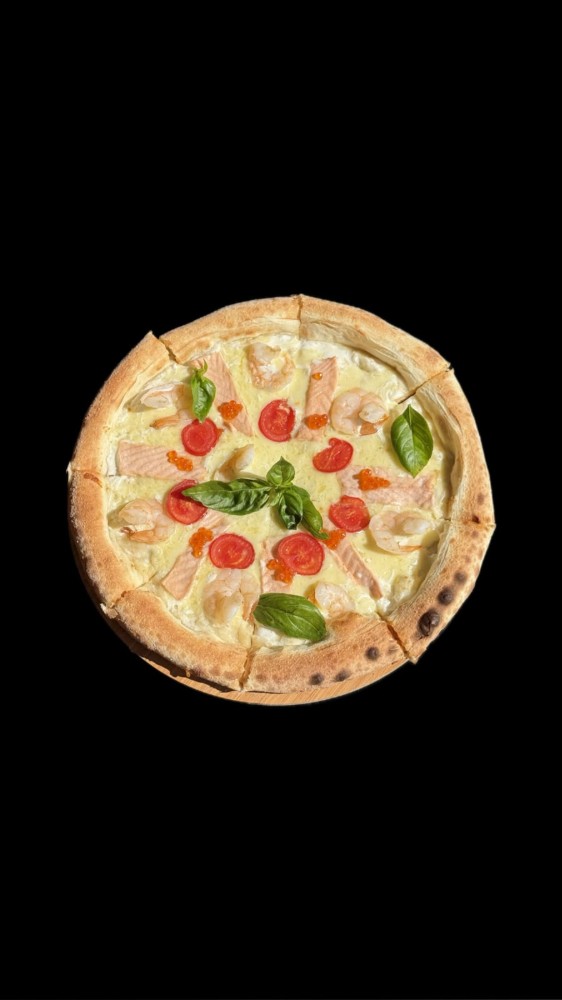 Pizza with salmon, shrimp and red caviar 🐠🦐🍅🍋 (D32)