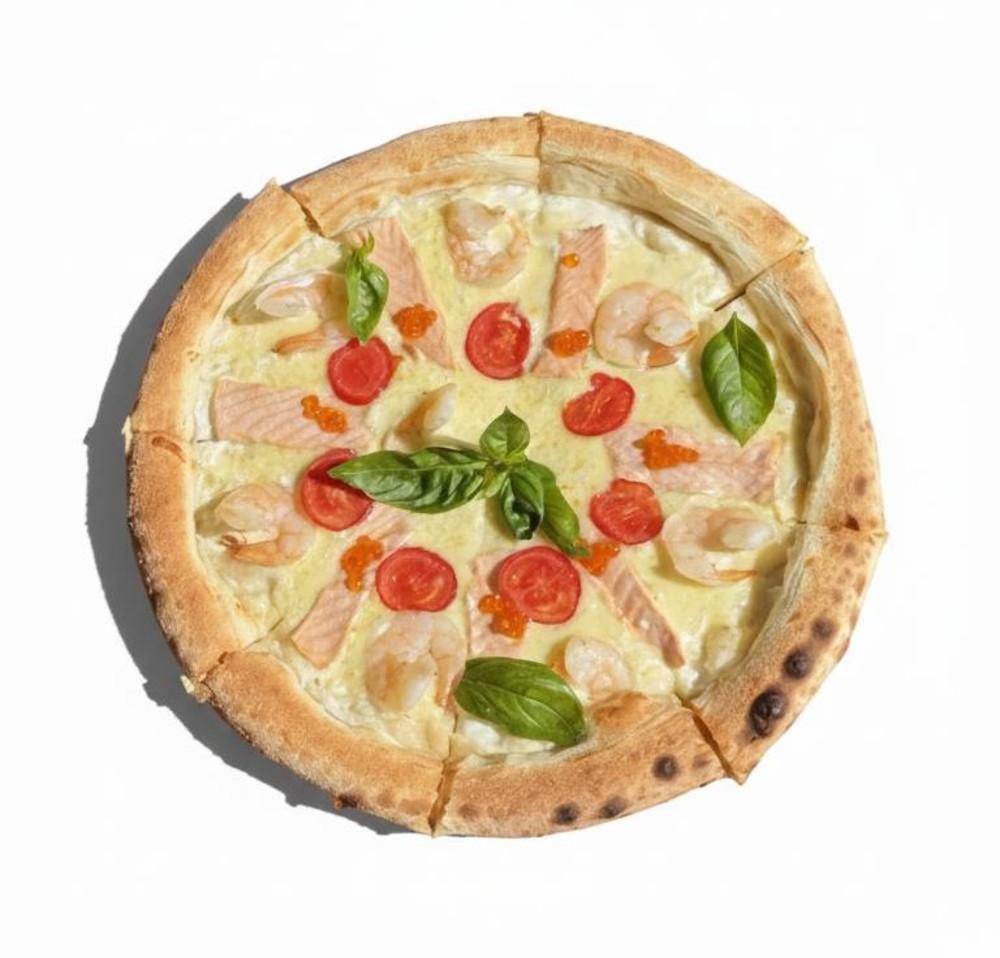 Pizza with salmon, shrimp and red caviar YEMEKSEPETI