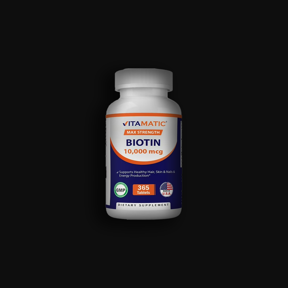 Vitamatic Biotin 10,000 mcg (10 mg) for Stronger Hair, Skin & Nails - 365 Vegan Tablets