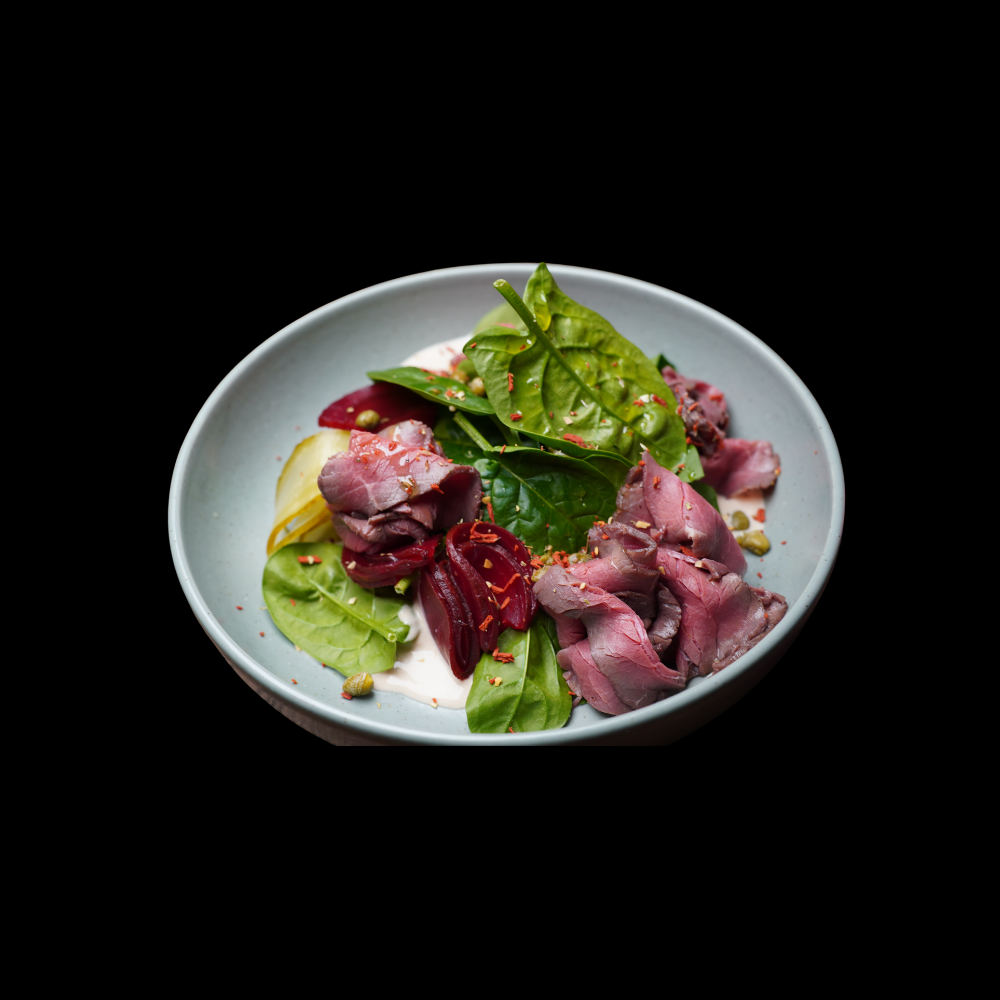 САЛАТ З ЯЛОВИЧИНА SOUS VIDE І КІНОА