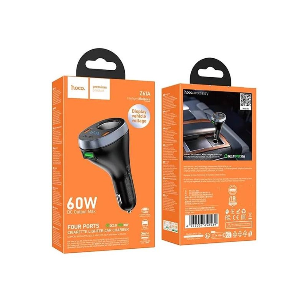 Hoco АЗУ USB блочок Z61A 1USB/60W/QC3.0/2PD чорне