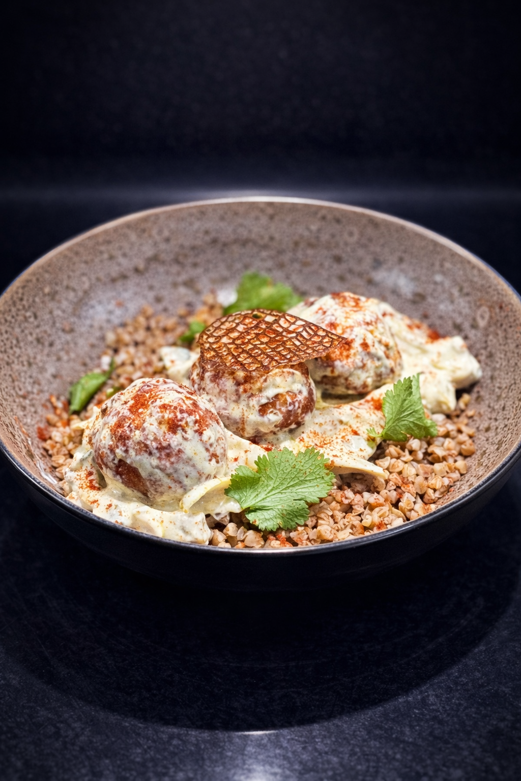 Гречка з мітболами та вершково-грибним соусом