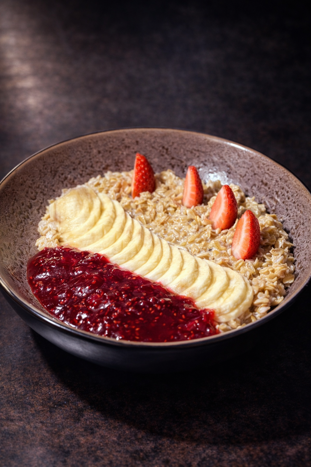 Вівсянка з бананом, ківі та малиновим джемом