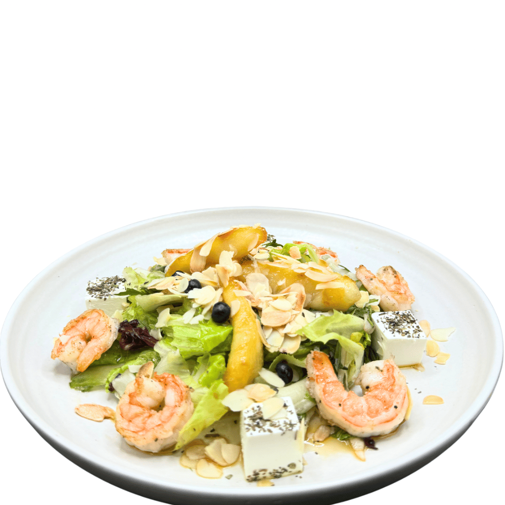 Креветки з карамелізованою грушею та соусом маракуйя