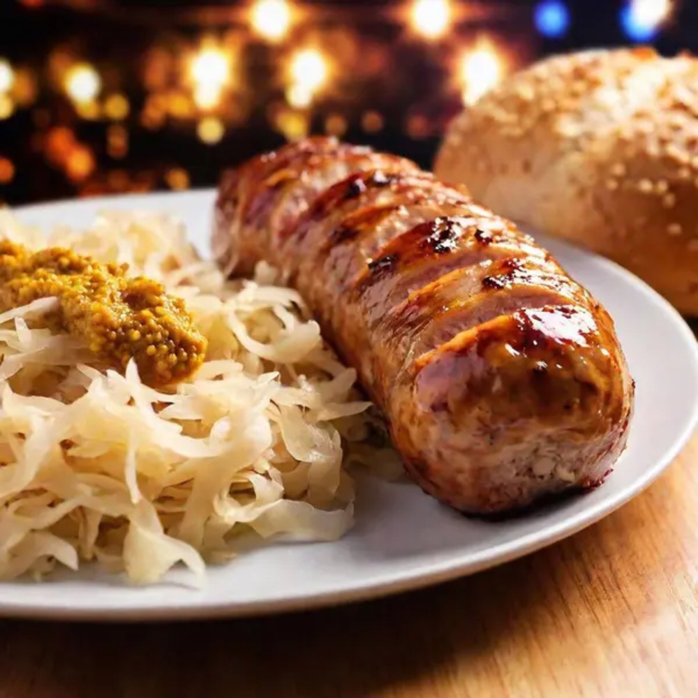 Фірмові ковбаски зі свинини і яловичини та тушеною капустою