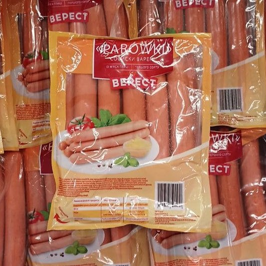 ВЕРЕСТ Сосиски варені PAROWKI з м'яса птиці, 1сорт уп.